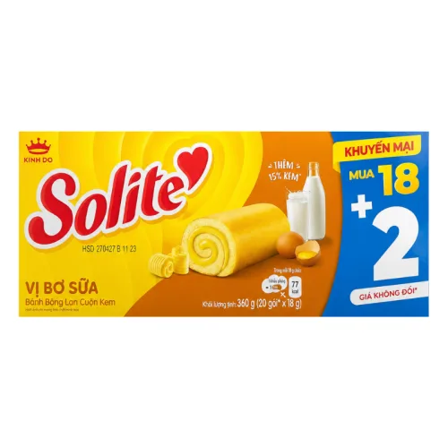 Bánh Solite Vị Bơ Sữa - Bánh Bông Lan Cuộn Kem Vị Bơ Sữa Solite 360g (18+2)