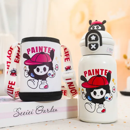 Bình Nước Giữ Nhiệt Cho Bé In Hoạt Hình Có Quai Đeo 450ml
