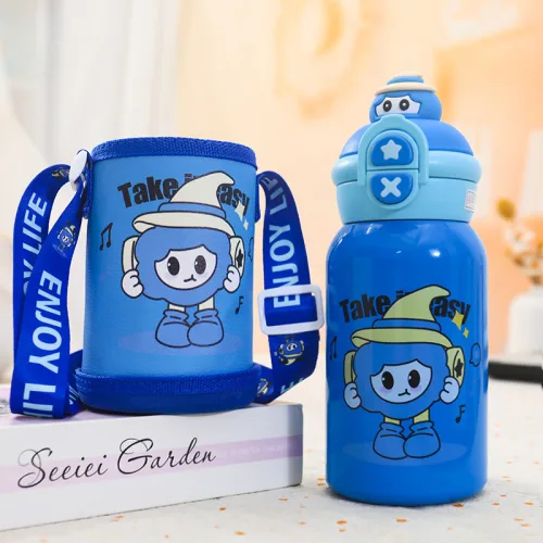 Bình Nước Giữ Nhiệt Cho Bé In Hoạt Hình Có Quai Đeo 450ml