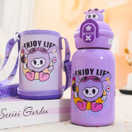Bình Nước Giữ Nhiệt Cho Bé In Hoạt Hình Có Quai Đeo 450ml