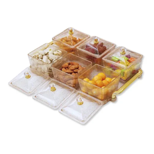 Bộ 6 Hộp Mứt - Khay Đựng Mứt Tết - Hũ Đựng Bánh Kẹo Hoa Quả Bằng Nhựa Kim Tuyến