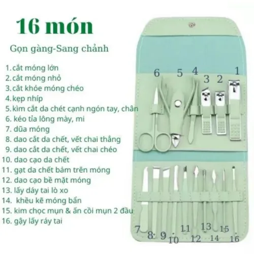 Bộ Cắt Móng Tay 16 Món Bằng Thép Không Gỉ Kèm Bao