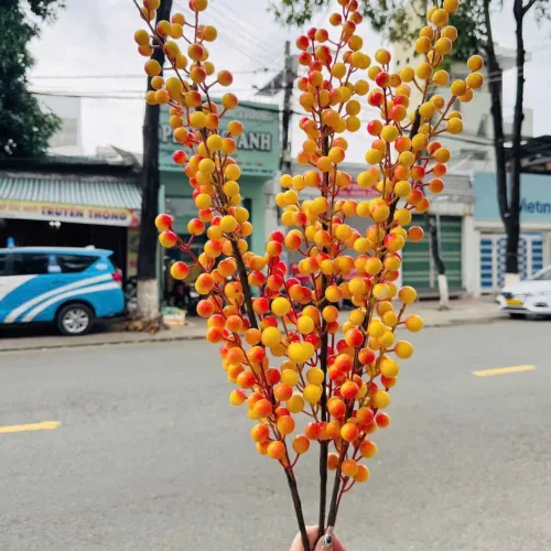 Cành Đông Đào 12 Nhánh Trái Mọng Vàng Dài 90cm