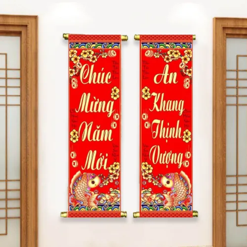 Cặp 2 Câu Đối Cá Chép 3d - Câu Đối Đỏ Trang Trí Tết 30x90cm