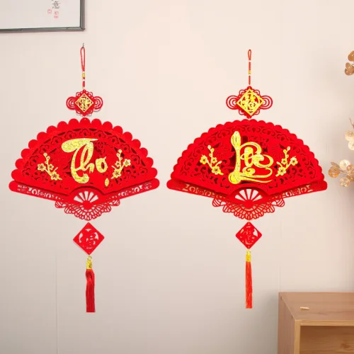 Cặp 2 Dây Treo Quạt Nhung Đỏ - Quạt Treo Trường Trang Trí Tết
