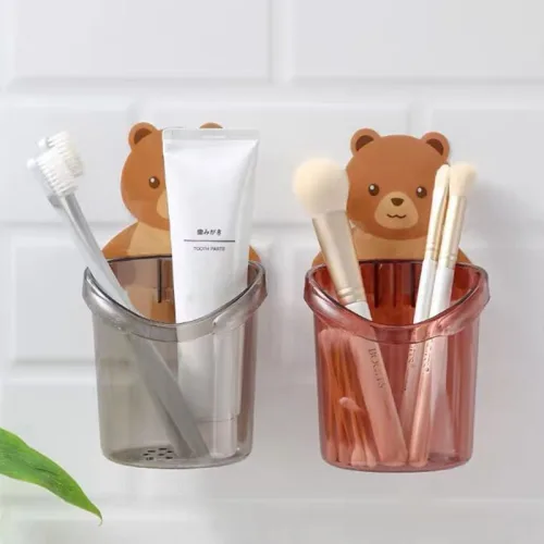 Combo 2 Cốc Dán Tường Hình Gấu - Cốc Đựng Kem Đánh Răng Dao Cạo Râu Cắm Bút 10.5x8x9.5cm