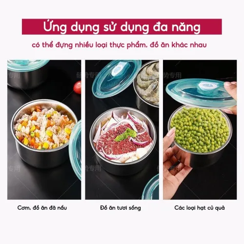 Combo 2 Hộp Inox Tròn Đựng Thực Phẩm Có Nắp Đậy 11x11x7cm