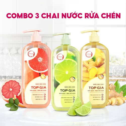 Combo 3 Chai Nước Rửa Chén Top Gia Hương Chanh Tươi - Hương Gừng- Hương Bưởi Hồng 1kg/chai