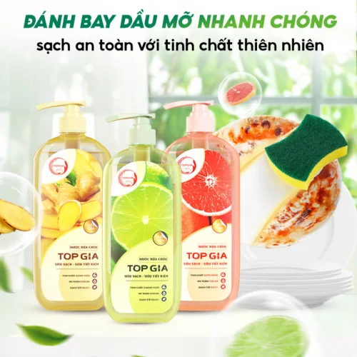 Combo 3 Chai Nước Rửa Chén Top Gia Hương Chanh Tươi - Hương Gừng- Hương Bưởi Hồng 1kg/chai