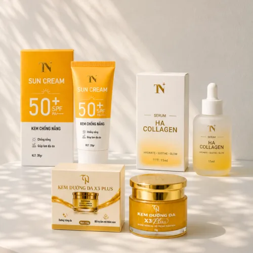 Combo Kem Dưỡng Da X3 Đông Anh - Kem Chống Nắng Sun Cream TN Đông Anh 30g + Serum Cấp Ẩm HA Collagen TN Đông Anh 15ml + Kem Face Nén Collagen X3 Plus Đông Anh 15g Phiên Bản Mới