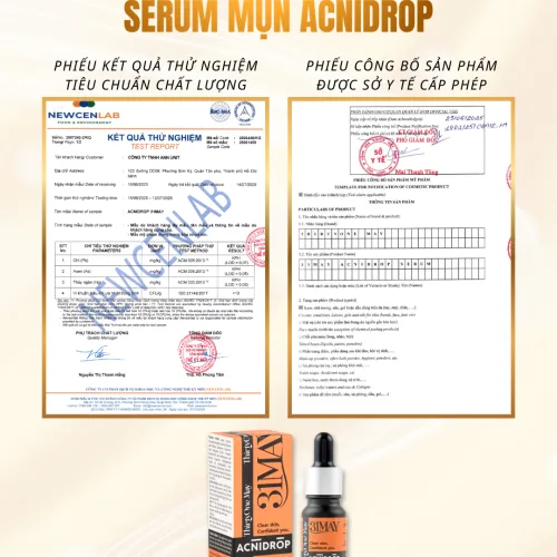 Hình ảnh serum Acnidrop và giấy tờ thông tin sản phẩm