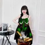 Đầm 2 dây form suông đính nơ hoạ tiết
