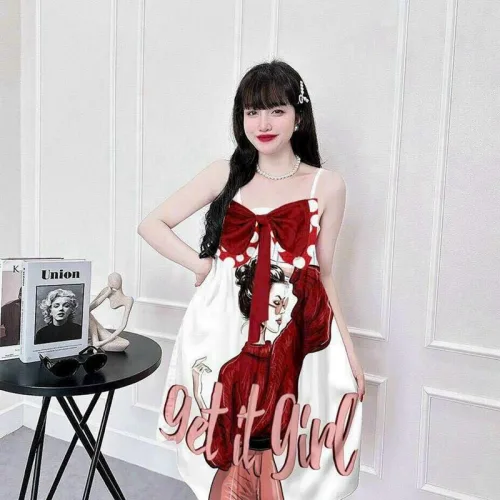 Đầm 2 dây form suông đính nơ hoạ tiết