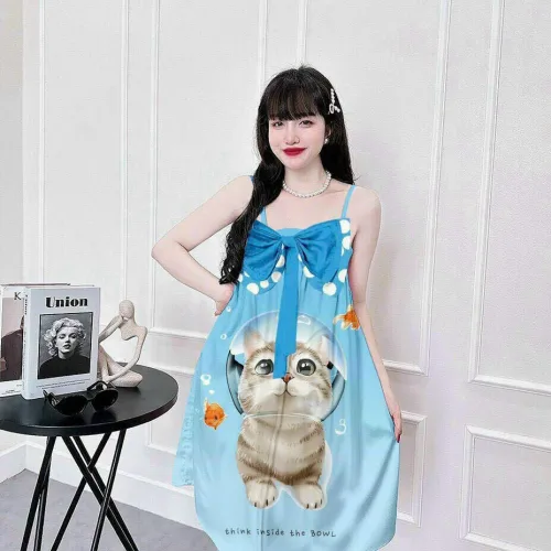 Đầm 2 dây form suông nơ ngực hoạ tiết