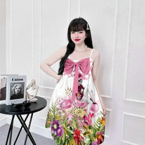 Đầm 2 dây form suông nơ ngực hoạ tiết