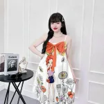 Đầm 2 dây form suông nơ ngực hoạ tiết