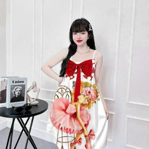 Đầm 2 dây form suông nơ ngực hoạ tiết
