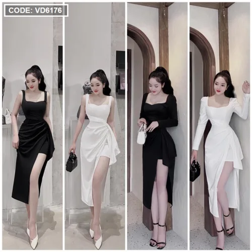 Đầm umi lệch xếp xẻ cao tay dài