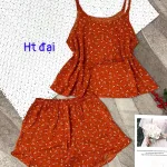 Đồ bộ form rộng quần đùi áo hai dây có nút hoạ tiết