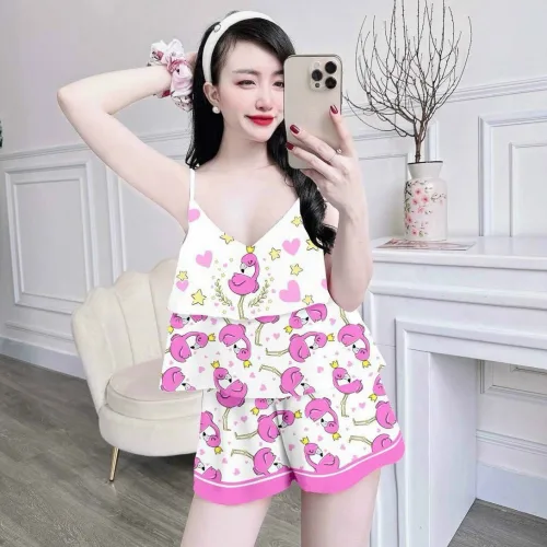 Đồ bộ mặc nhà quần đùi áo dây 1 tầng in hoạ tiết dể thương