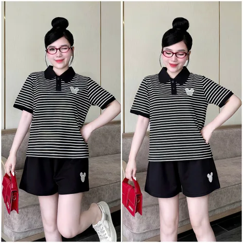 Đồ Bộ Nữ Áo Cổ Trụ Tay Ngắn Quần Đùi Họa Tiết Sọc Thêu Logo Mickey Mặc Mịn Mát Thoải Mái Size 45-62kg
