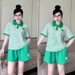Đồ Bộ Nữ Áo Cổ Trụ Tay Ngắn Quần Đùi Họa Tiết Sọc Thêu Logo Mickey Mặc Mịn Mát Thoải Mái Size 45-62kg