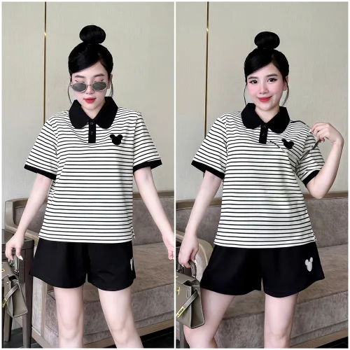 Đồ Bộ Nữ Áo Cổ Trụ Tay Ngắn Quần Đùi Họa Tiết Sọc Thêu Logo Mickey Mặc Mịn Mát Thoải Mái Size 45-62kg