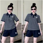 Đồ Bộ Nữ Áo Cổ Trụ Tay Ngắn Quần Đùi Họa Tiết Sọc Thêu Logo Mickey Mặc Mịn Mát Thoải Mái Size 45-62kg