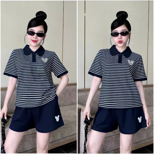 Đồ Bộ Nữ Áo Cổ Trụ Tay Ngắn Quần Đùi Họa Tiết Sọc Thêu Logo Mickey Mặc Mịn Mát Thoải Mái Size 45-62kg