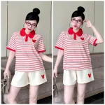 Đồ Bộ Nữ Áo Cổ Trụ Tay Ngắn Quần Đùi Họa Tiết Sọc Thêu Logo Mickey Mặc Mịn Mát Thoải Mái Size 45-62kg