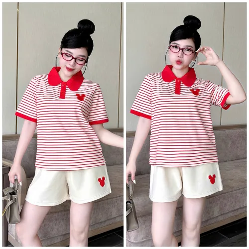 Đồ Bộ Nữ Áo Cổ Trụ Tay Ngắn Quần Đùi Họa Tiết Sọc Thêu Logo Mickey Mặc Mịn Mát Thoải Mái Size 45-62kg