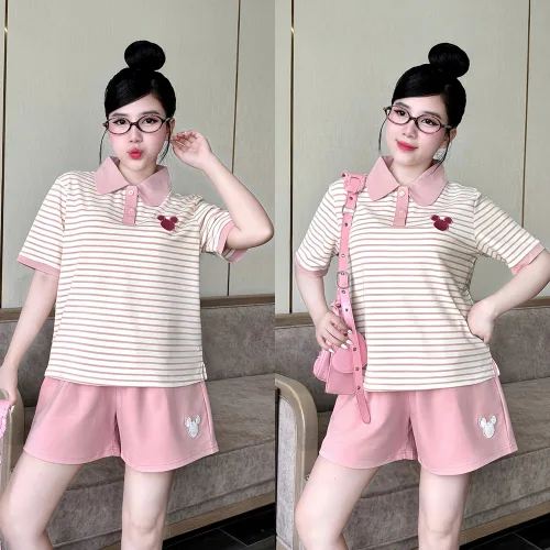 Đồ Bộ Nữ Áo Cổ Trụ Tay Ngắn Quần Đùi Họa Tiết Sọc Thêu Logo Mickey Mặc Mịn Mát Thoải Mái Size 45-62kg