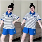 Đồ Bộ Nữ Áo Cổ Trụ Tay Ngắn Quần Đùi Họa Tiết Sọc Thêu Logo Mickey Mặc Mịn Mát Thoải Mái Size 45-62kg