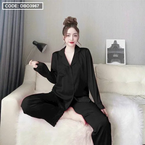 Đồ bộ pijama quần dài áo tay dài cổ bẻ màu trơn
