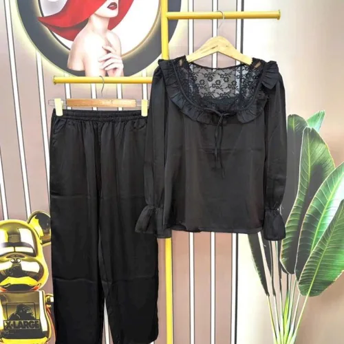 Đồ bộ pijama quần dài áo tay dài cổ vuông phối ren