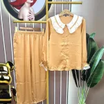 Đồ bộ pijama quần dài áo tay dài màu trơn cổ lá sen