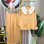 Đồ bộ pijama quần dài áo tay dài màu trơn cổ lá sen