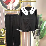 Đồ bộ pijama quần dài áo tay dài màu trơn cổ lá sen