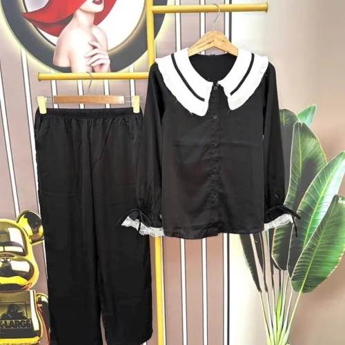 Đồ bộ pijama quần dài áo tay dài màu trơn cổ lá sen