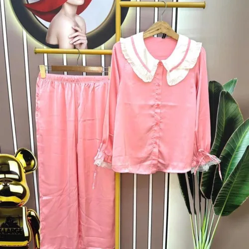 Đồ bộ pijama quần dài áo tay dài màu trơn cổ lá sen