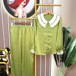 Đồ bộ pijama quần dài áo tay dài màu trơn cổ lá sen