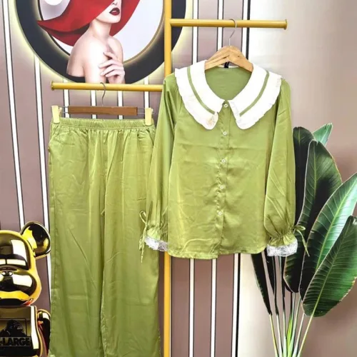 Đồ bộ pijama quần dài áo tay dài màu trơn cổ lá sen