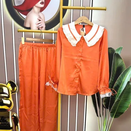 Đồ bộ pijama quần dài áo tay dài màu trơn cổ lá sen