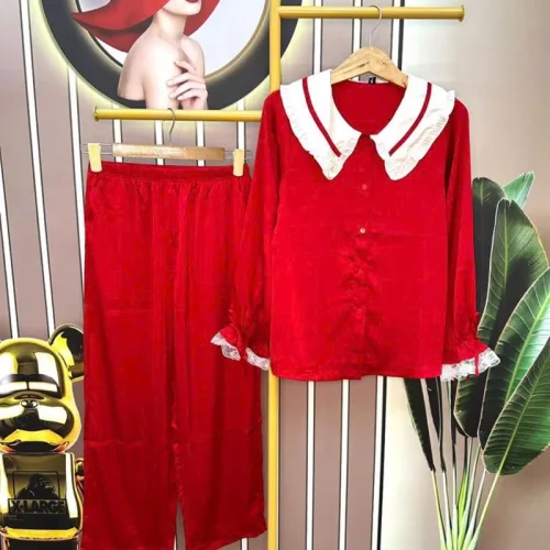 Đồ bộ pijama quần dài áo tay dài màu trơn cổ lá sen