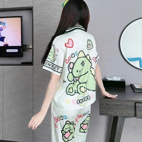 Đồ bộ pijama quần dài áo tay ngắn cổ bẻ hoạ tiết