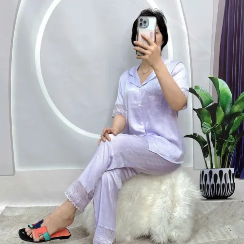 Đồ bộ pijama quần dài áo tay ngắn cổ bẻ màu trơn