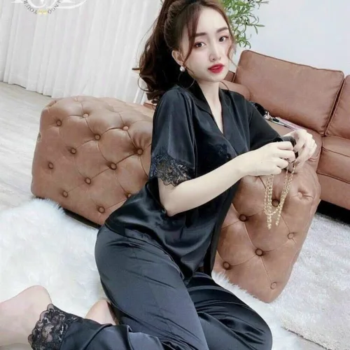 Đồ bộ pijama quần dài áo tay ngắn cổ bẻ màu trơn