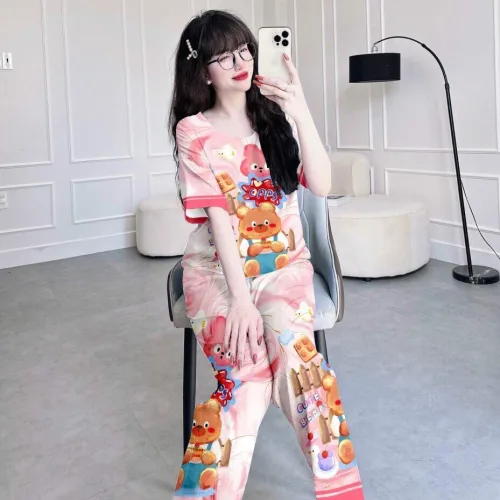 Đồ bộ pijama quần dài áo tay ngắn cổ tròn hoạ tiết