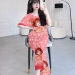 Đồ bộ pijama quần dài áo tay ngắn cổ tròn hoạ tiết