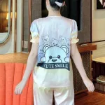 Đồ bộ pijama quần dài áo tay ngắn phồng cổ vuông họa tiết